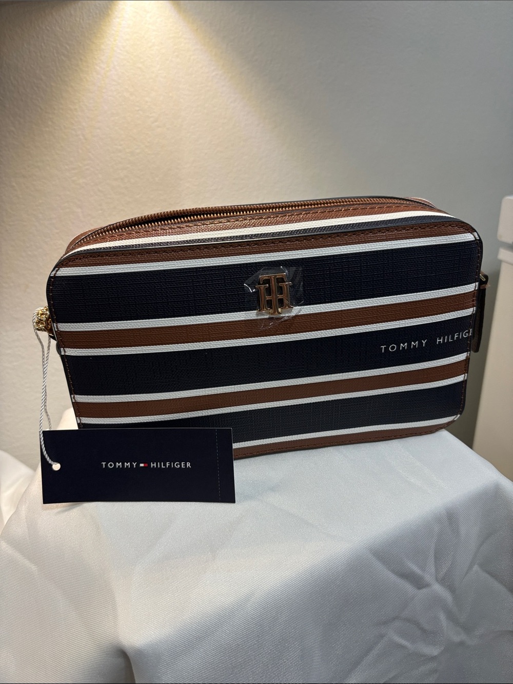 Tommy Hilfiger Brown, Black & White Striped Toiletry Bag